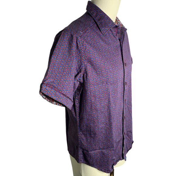 Robert Graham Button Up Short Sleeve Shirt S Purple Geometric Skulls Embroidery - Picture 6 of 8